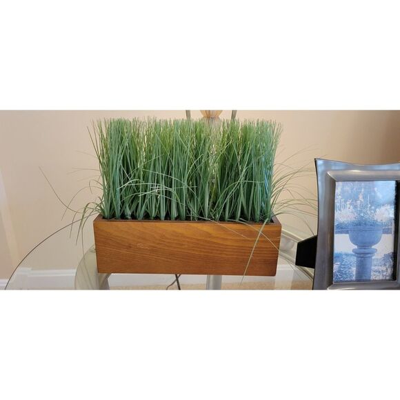 Botanical Modern Home Green Faux Grass Plant Bush Rectangle Wood Decoration - Picture 1 of 8